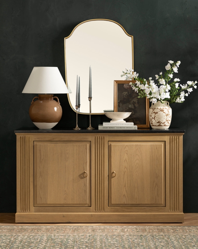 Fluted Wood Sideboard with Contrasting Black Stone-Like Top