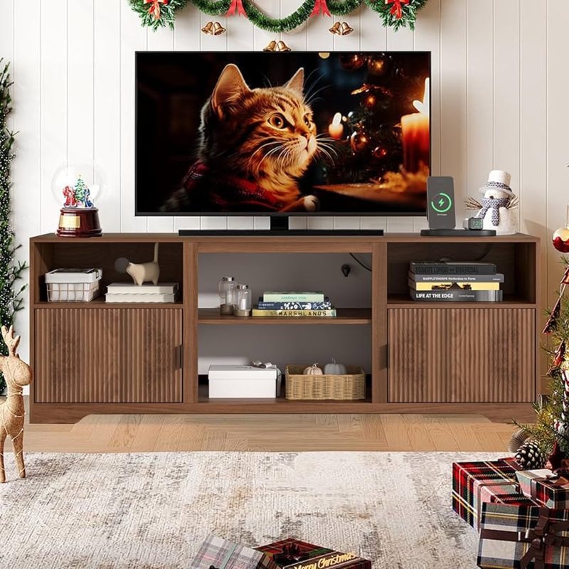 Fluted Wood TV Stand with Walnut Finish and Open Adjustable Shelving