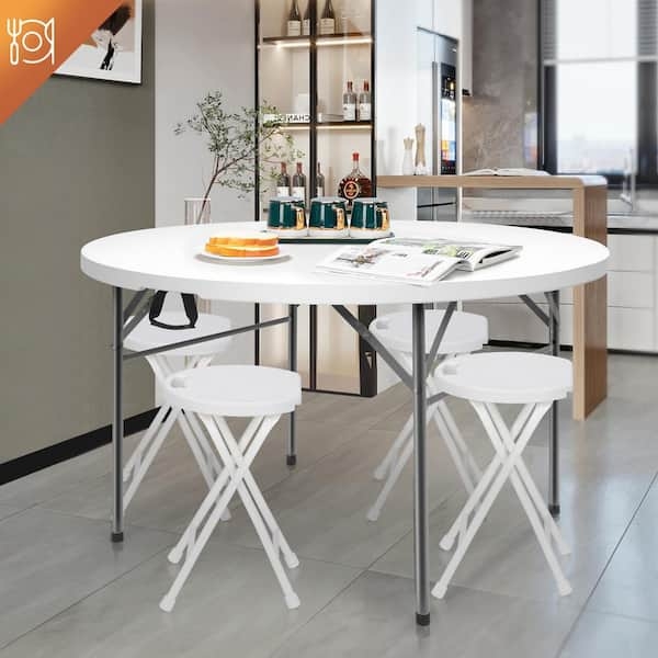 Folding Dining Set Matching Stools White Round Folding Table Portable