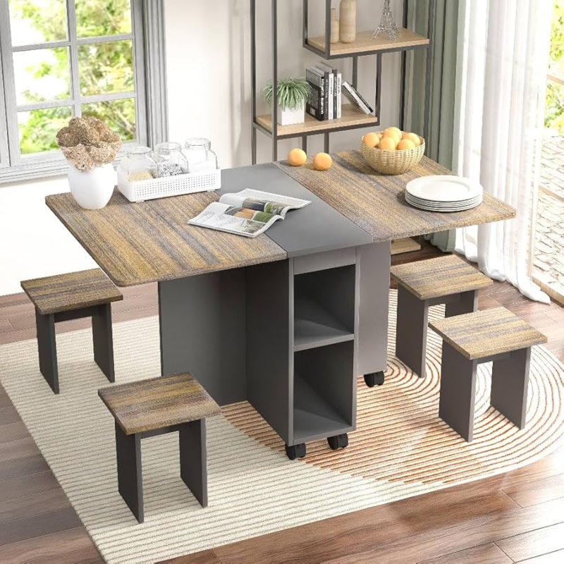 Folding Dining Set with Storage Base and Casters, Grey Wood Tone