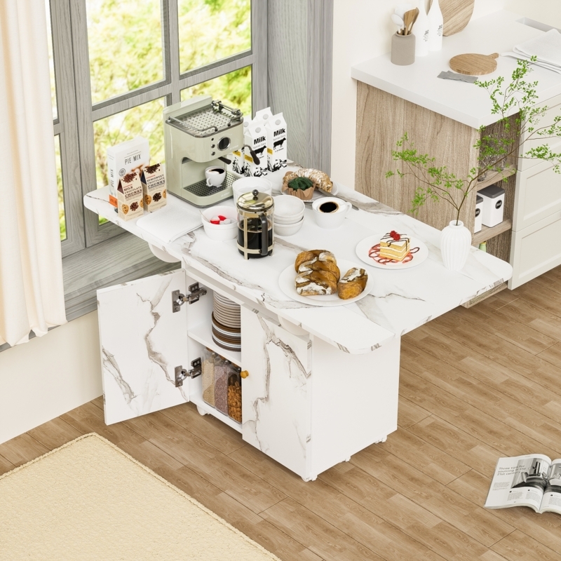 Folding Dining Table Marble Texture Storage Cabinet Drop Leaf White