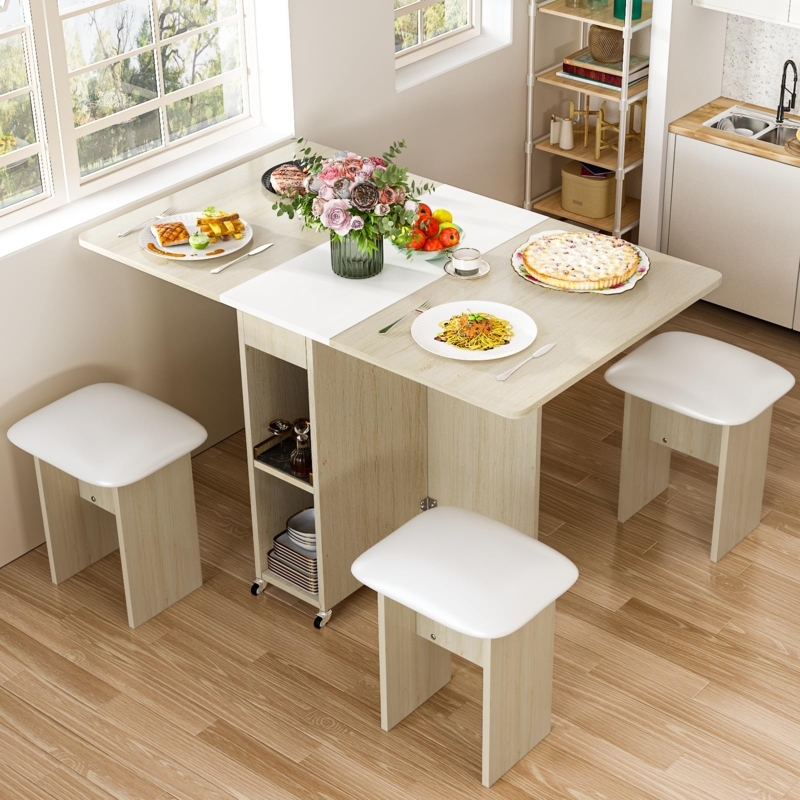 Folding Dining Table Set Backless Stools Integrated Storage Beige