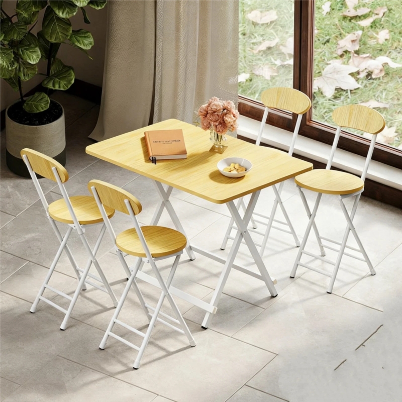 Folding Dining Table Set White X-Frame Legs Light Wood Top