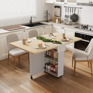 Folding Dining Table White Wood Drawer Side Shelving Locking Casters