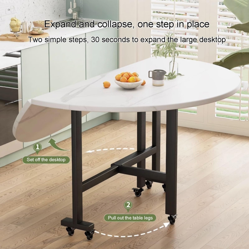 Folding Dining Table With Wheels Marble Veining Drop Leaf