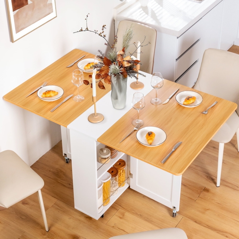 Folding Drop Leaf Table Built In Storage Light Wood Rolling Table