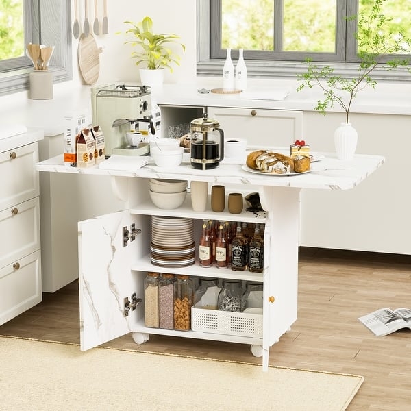 Folding Kitchen Island With Marble Pattern Top And Six Wheels