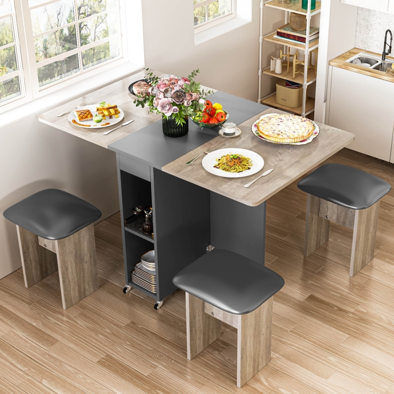 Folding Kitchen Table with Wheels, Grey Storage Base and Stools