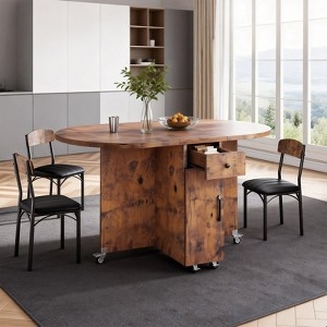 Folding Oval Dining Table Storage Drawer Mobile Casters Wood Toned
