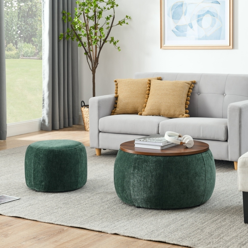 Forest Green Ribbed Storage Ottoman with Wood Tray Top