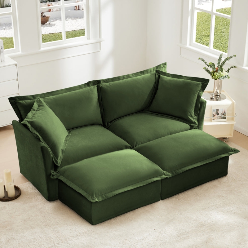 Forest Green Slipcovered Loveseat with Deep Seat and Modular Ottomans