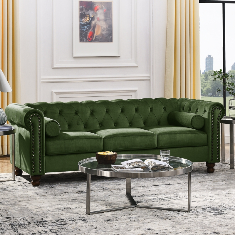 Forest Green Velvet Chesterfield Sofa with Nailhead Trim