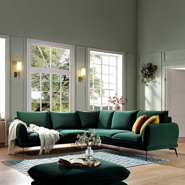 Forest Green Velvet Sectional Sofa with Slim Black Legs