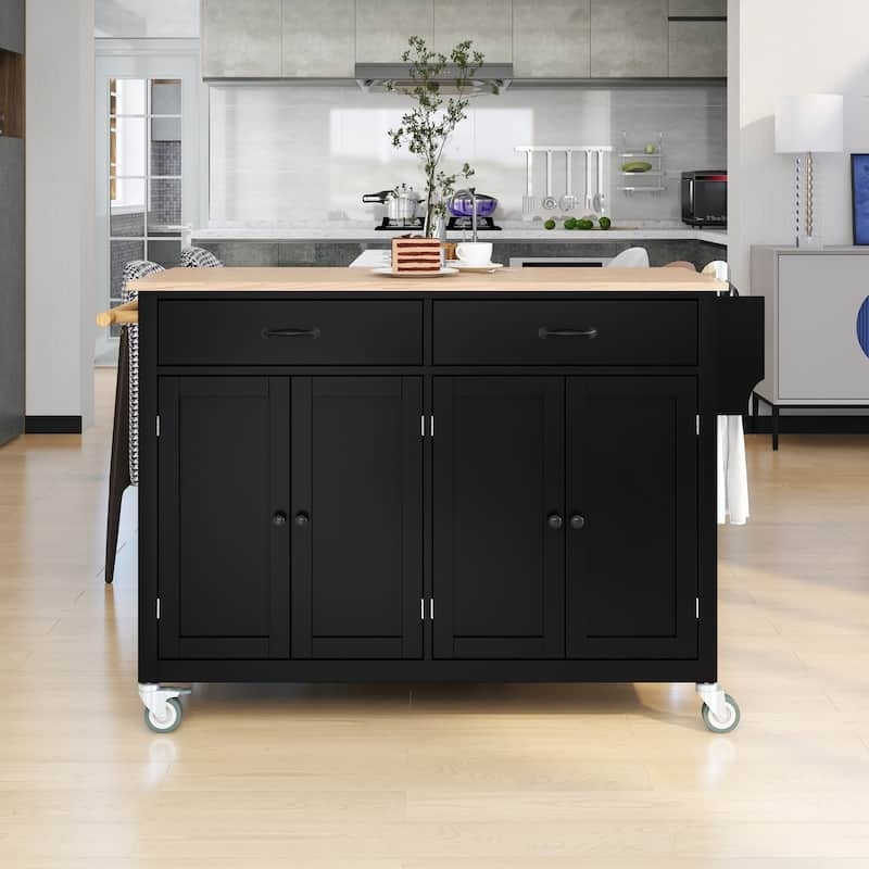 Four-Door Black Kitchen Island Cart with Shaker Panels and Casters