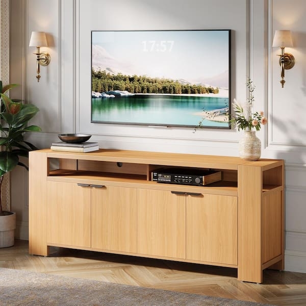 Four Door Entertainment Center with Light Oak Tone and Open Media Bays