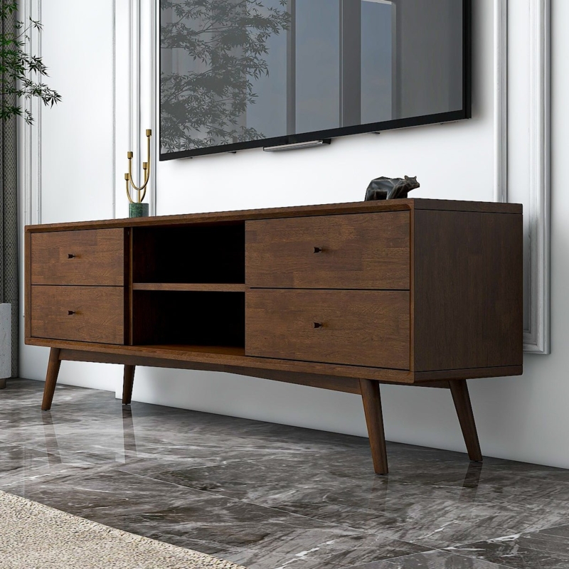 Four-Drawer Mid-Century TV Stand with Angled Legs