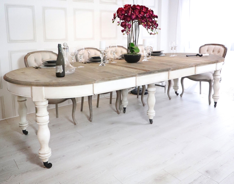 French Country Dining Table Oval Whitewashed Turned Legs Casters