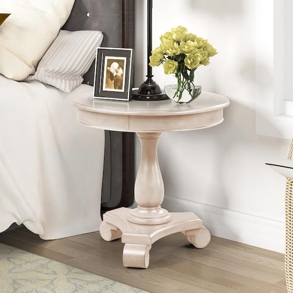 French Country End Table, Cream Scrolled Feet & Turned Pedestal Base