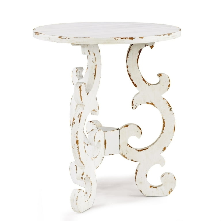French Country End Table, Distressed White Scrollwork Base