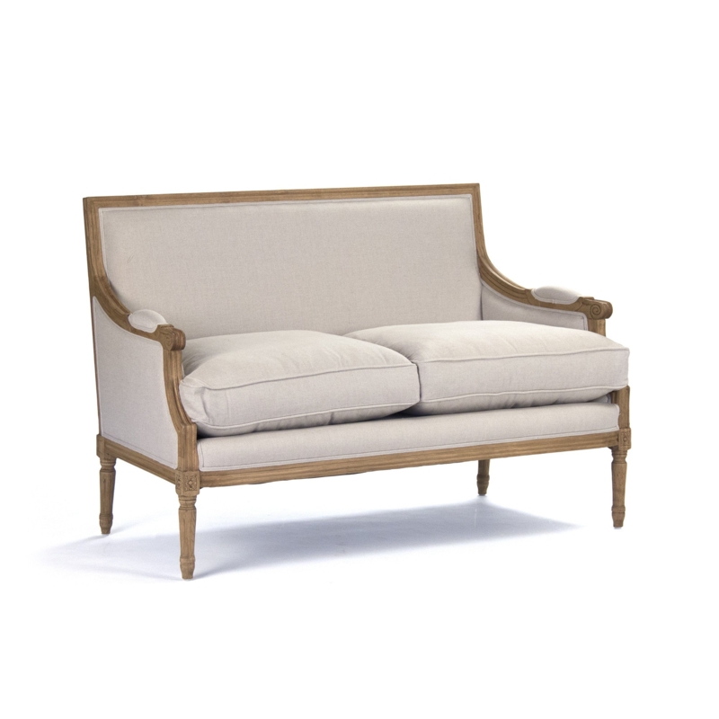 French Provincial Natural Oak Settee with Linen Upholstery
