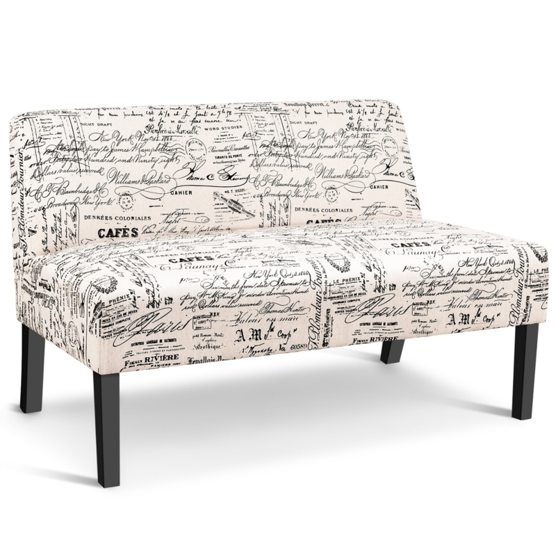 French Script Print Armless Loveseat with Tapered Black Legs