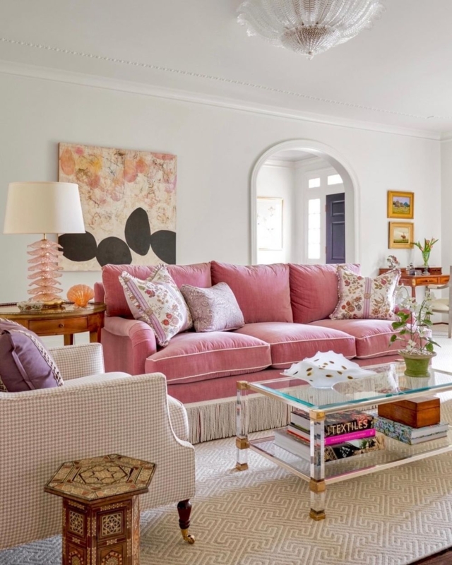 Fringe Trim Sofa Dusty Pink Grandmillennial Living Room