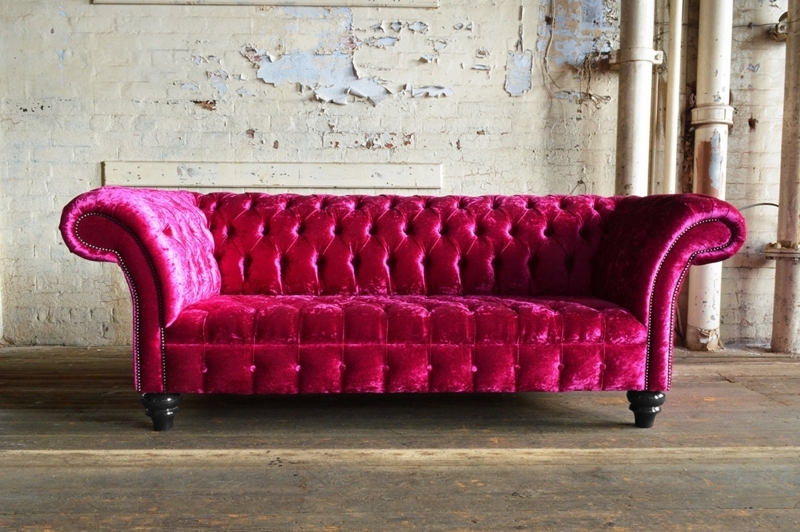 Fuchsia Crushed Velvet Chesterfield Sofa Rolled Arms Tufted