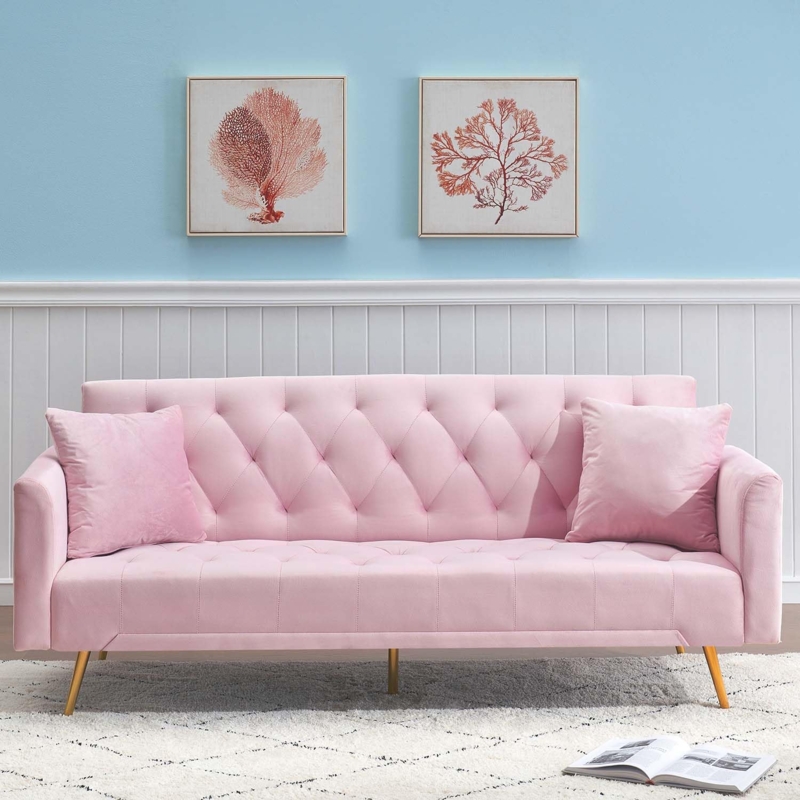 Futon Sofa Bed with Gold Metal Feet and Diamond Tufted Backrest
