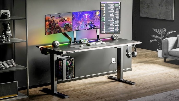Gaming Desk Height Adjustable Triple Monitor Setup Black Minimalist