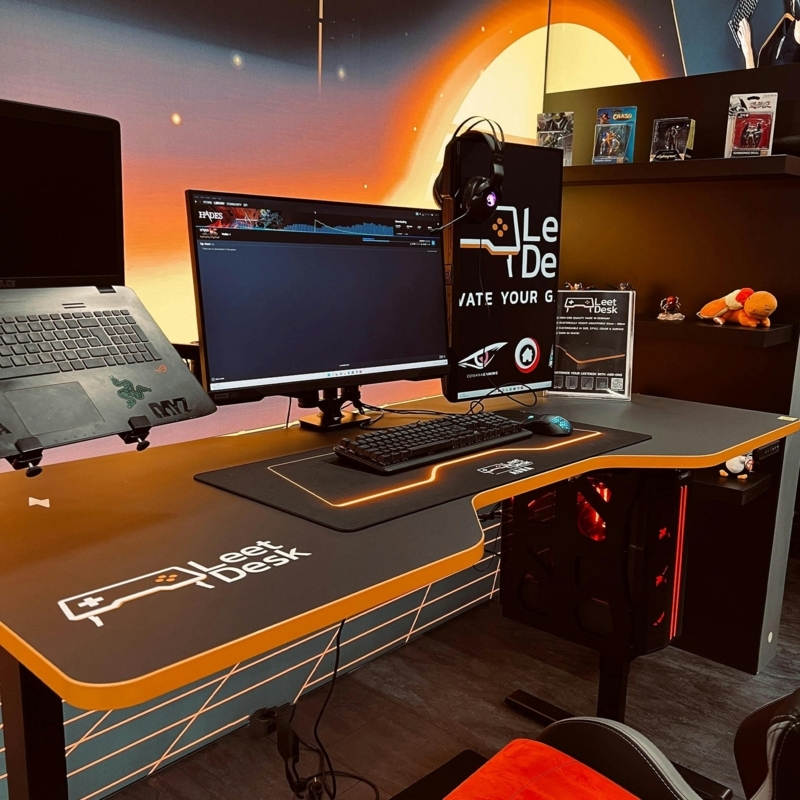Gaming Desk Matte Black with Orange Edge Trim and Contoured Surface