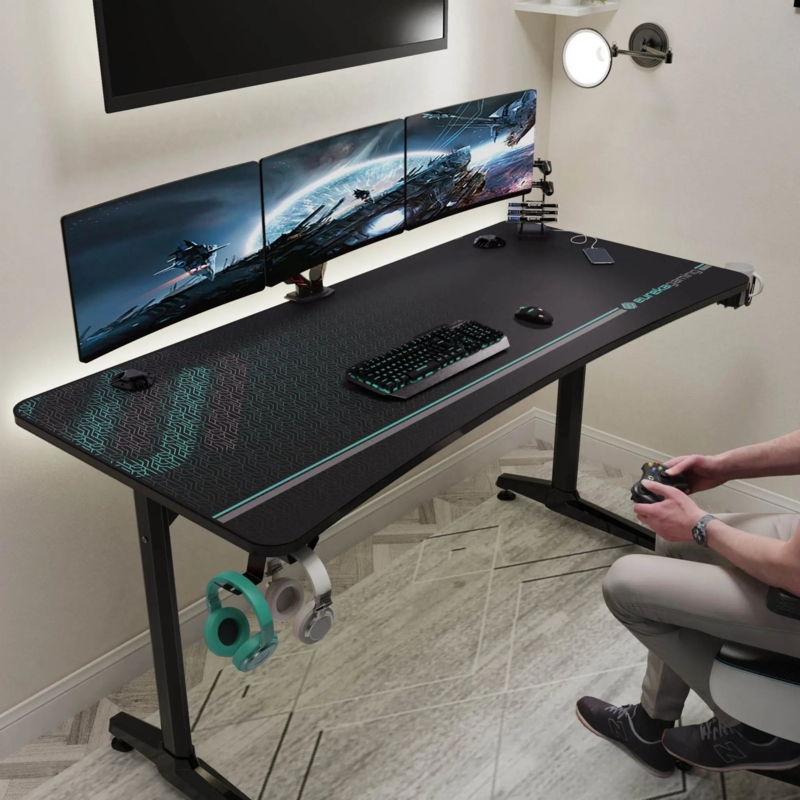 Gaming Desk with Full Surface Mousepad and Curved Front Edge