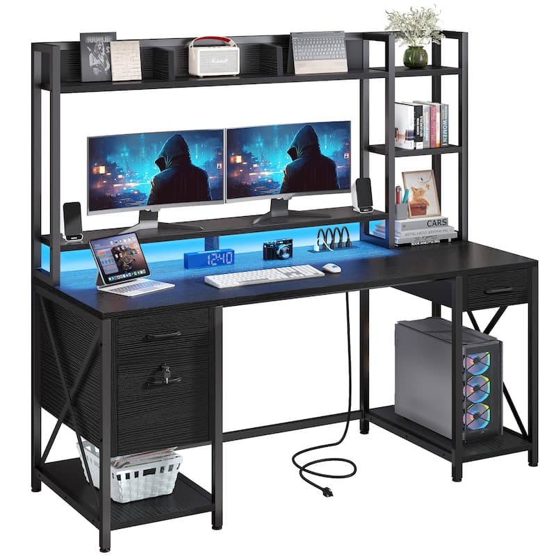 Gaming Desk with Hutch, Monitor Riser, and Blue LED Lighting