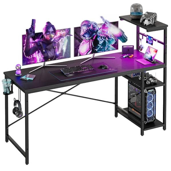 Gaming Desk with Integrated RGB Lighting and Tiered Storage Tower
