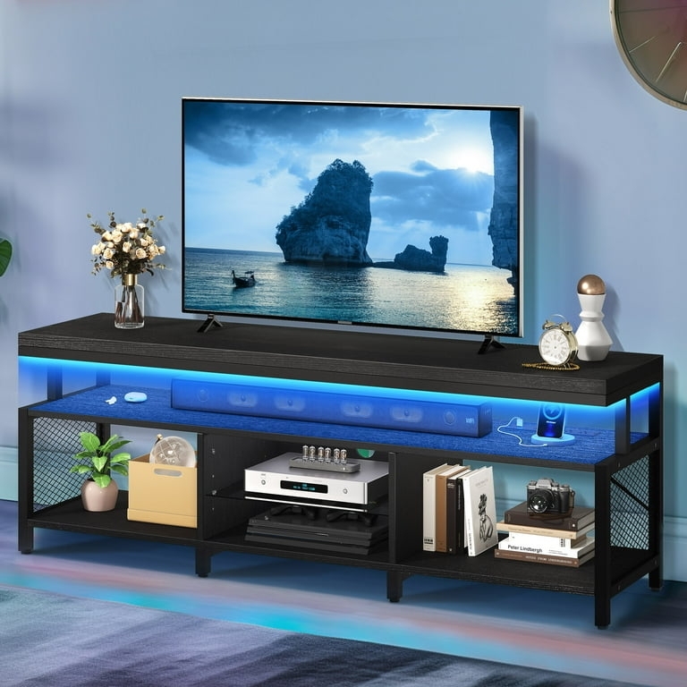 Gaming Entertainment Center with Blue LED Lighting and Outlets