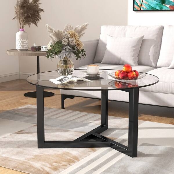 Geometric Architectural Coffee Table with Clear Tempered Glass Top