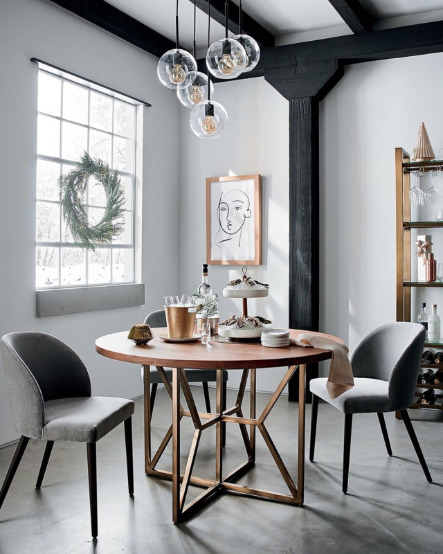 Geometric Base Dining Table, Gold-Toned with Globe Pendants