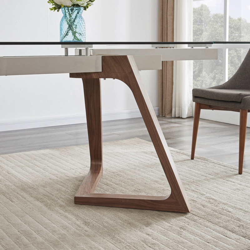 Geometric Leg Dining Table with Glass Top and Sculptural Wood Base