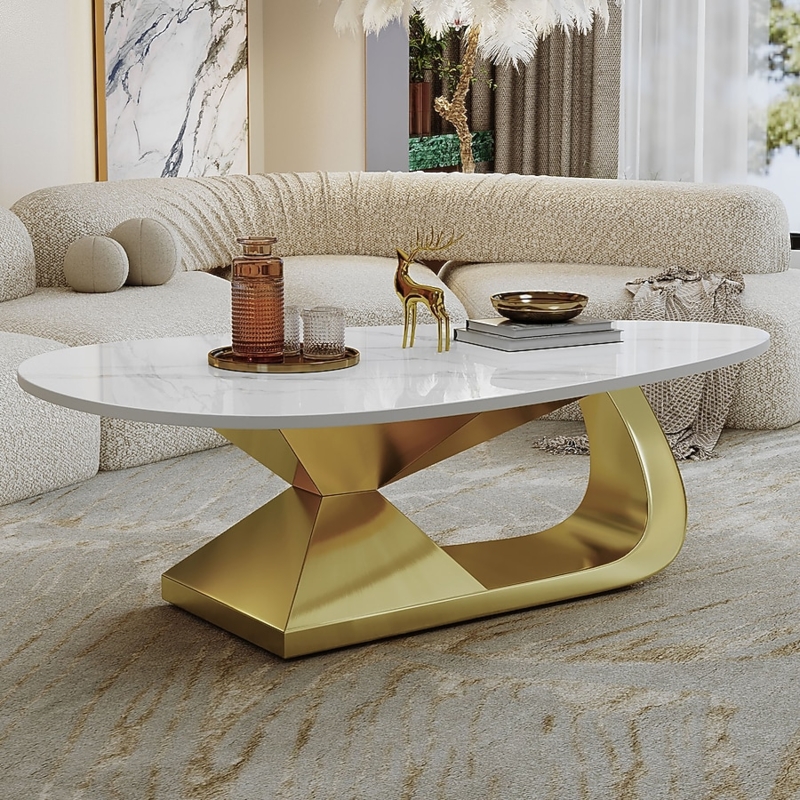 Geometric Metal Pedestal Table Oval Stone Look Top Polished Finish