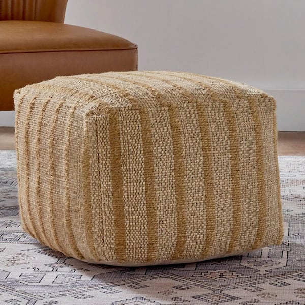 Geometric Square Pouf, Hand Woven Cream Natural Jute, Coastal Farmhouse