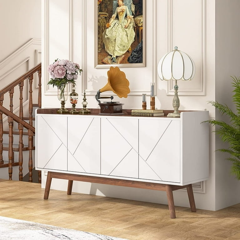 Geometric White Buffet Cabinet with Tapered Legs and Wood Base