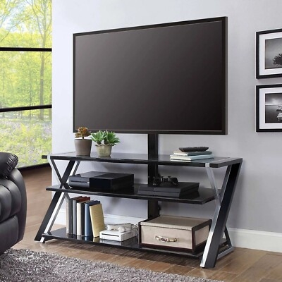Geometric Z-Frame TV Stand with Integrated Mount and Black Glass