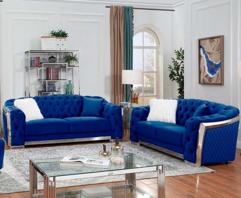 Glam Blue Velvet Living Room Set with Chrome Accent Trim