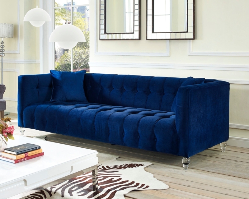 Glam Blue Velvet Sofa with Clear Acrylic Legs and Tuxedo Arms