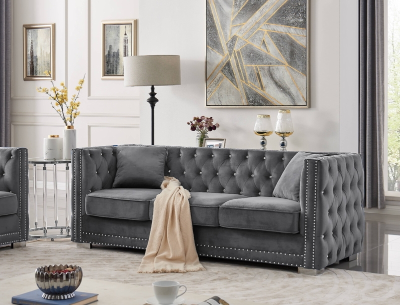 Glam Charcoal Velvet Diamond Tufted Tuxedo Sofa