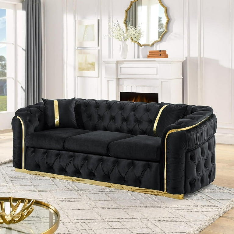 Glam Chesterfield Sofa with Gold Trim and Black Velvet