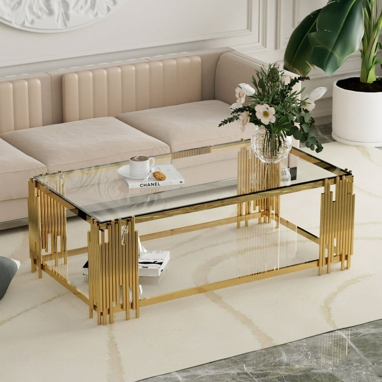 Glam Coffee Table with Gold Rod Base and Two Tier Glass Surface