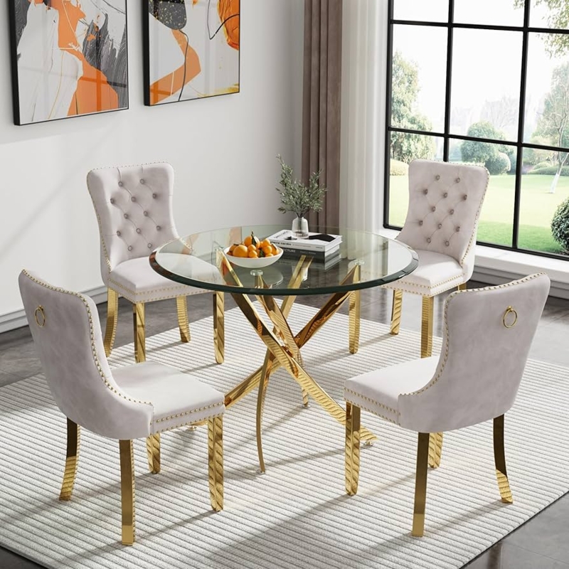 Glam Dining Set: Round Glass, Gold X-Base, Beige Tufted Chairs