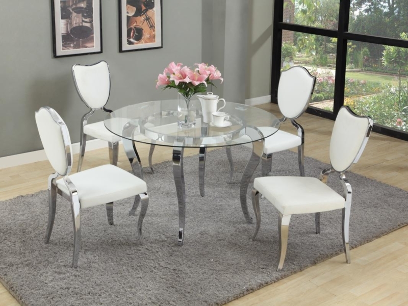 Glam Dining Set: Round Glass Table, Curved Chrome Legs, Shield Back Chairs