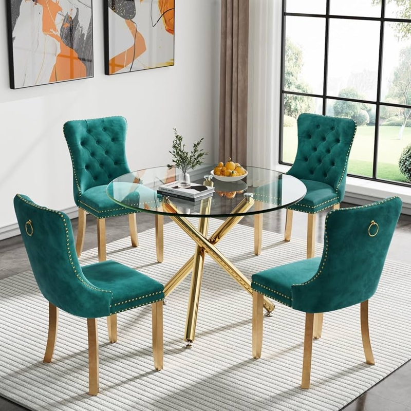 Glam Dining Set Round Glass Top Emerald Velvet Chairs Gold Metal Legs