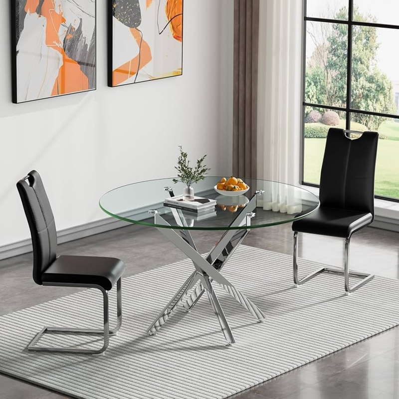 Glam Dining Set with Round Glass Top and Chrome X-Base